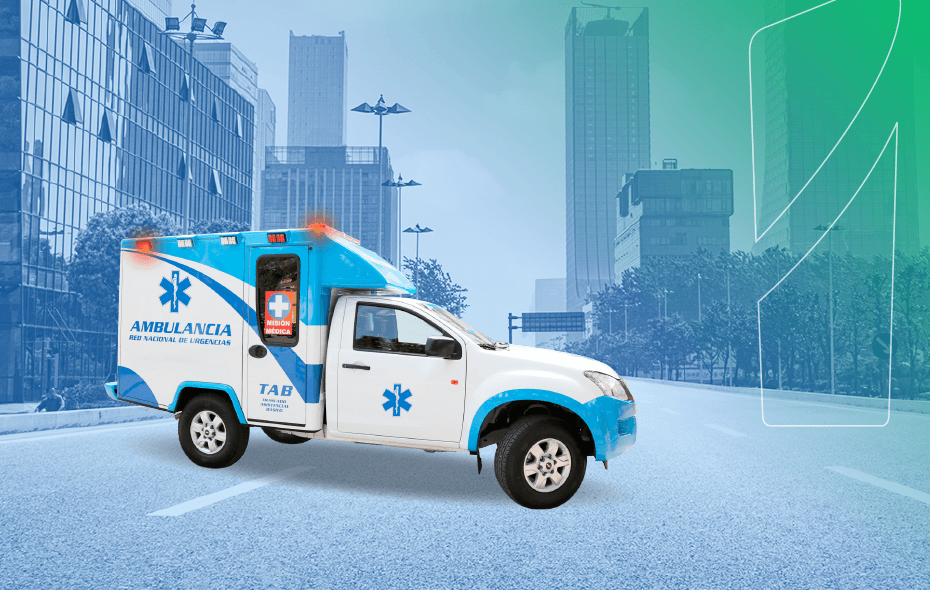 Ambulancia de color azul con blanco en fondo azul 
